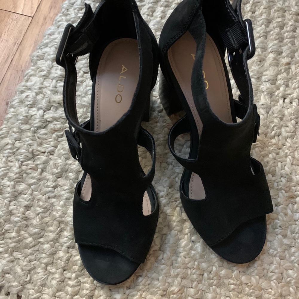 Black Suede Open Toed Block Heels With Buckles - image 2